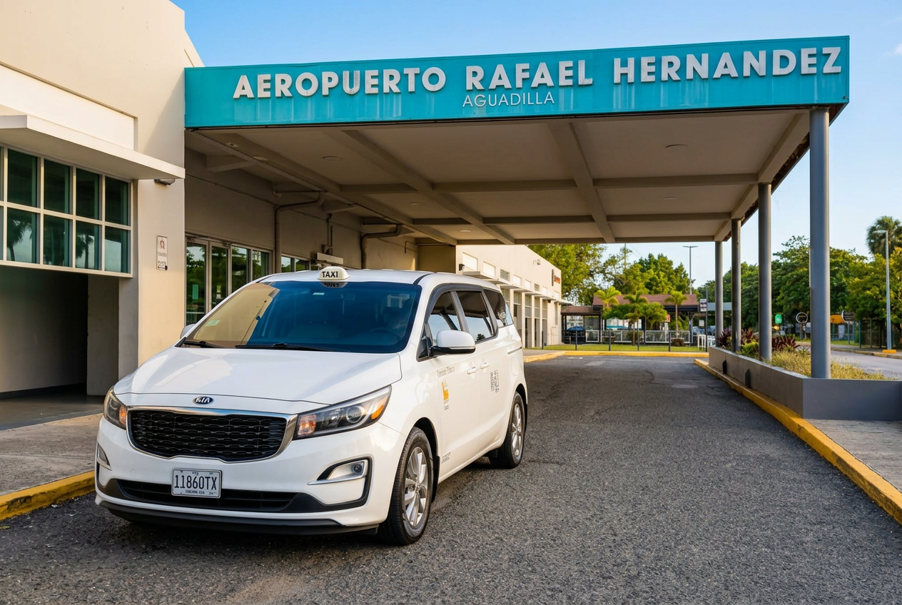 Manny’s white Kia taxi at Rafael Hernández Airport (BQN), Aguadilla